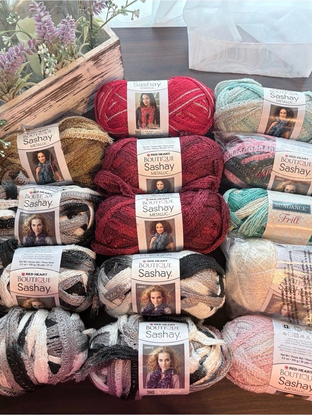Red Heart Boutique Sashay Ribbon Yarn - Pink, Black, Mint, Gold
